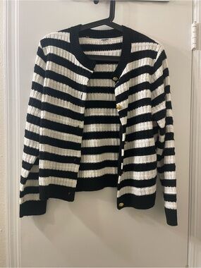 Zeagoo Black & White Striped Women’s Cardigan Sweater Small